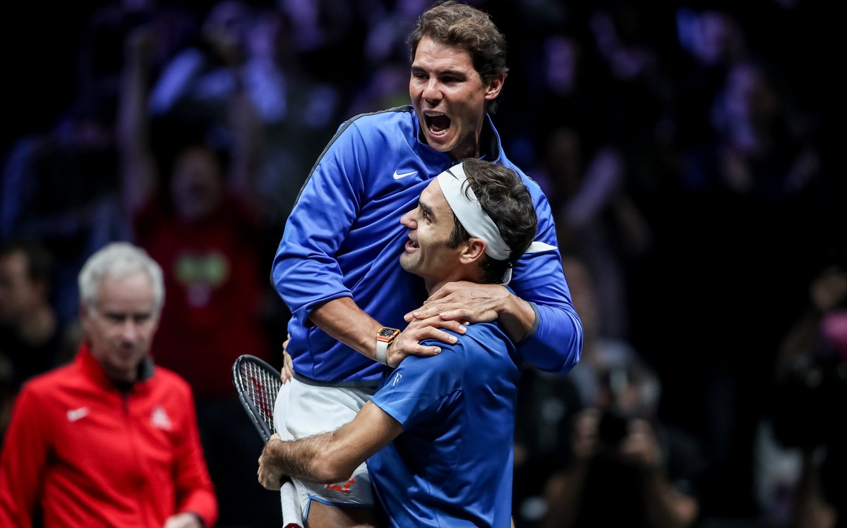 epa06262743 YEARENDER 2017 SEPTEMBER 
Switzerland's Roger Federer (down) and Spain's Rafael Nadal of the Team Europe celebrate after winning the Laver Cup tennis tournament in Prague, Czech ...