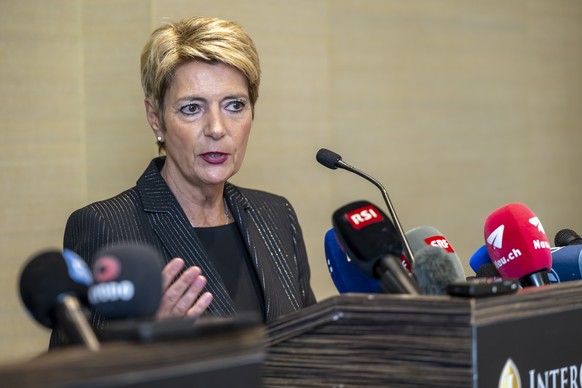 Switzerland&#039;s President Karin Keller-Sutter, right, addresses a press conference after the bilateral meetings between Switzerland and the United States and China, in Geneva, Switzerland, Friday,  ...