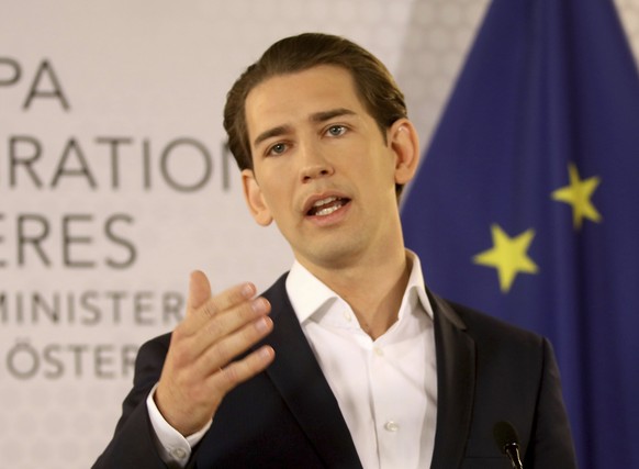 Austrian Foreign Minister Sebastian Kurz speaks during a news conference at the foreign ministry in Vienna, Austria, Friday, May 12, 2017. Kurz, an influential figure in the country’s junior governing ...