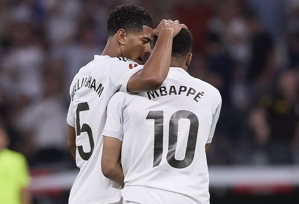 May 23, 2026, Madrid, Spain: Jude Bellingham L of Real Madrid CF and Kylian Mbappe R of Real Madrid CF celebrate a goal during the LaLiga EA Sports 2025/2026 week 38 football match between Real Madrid ...