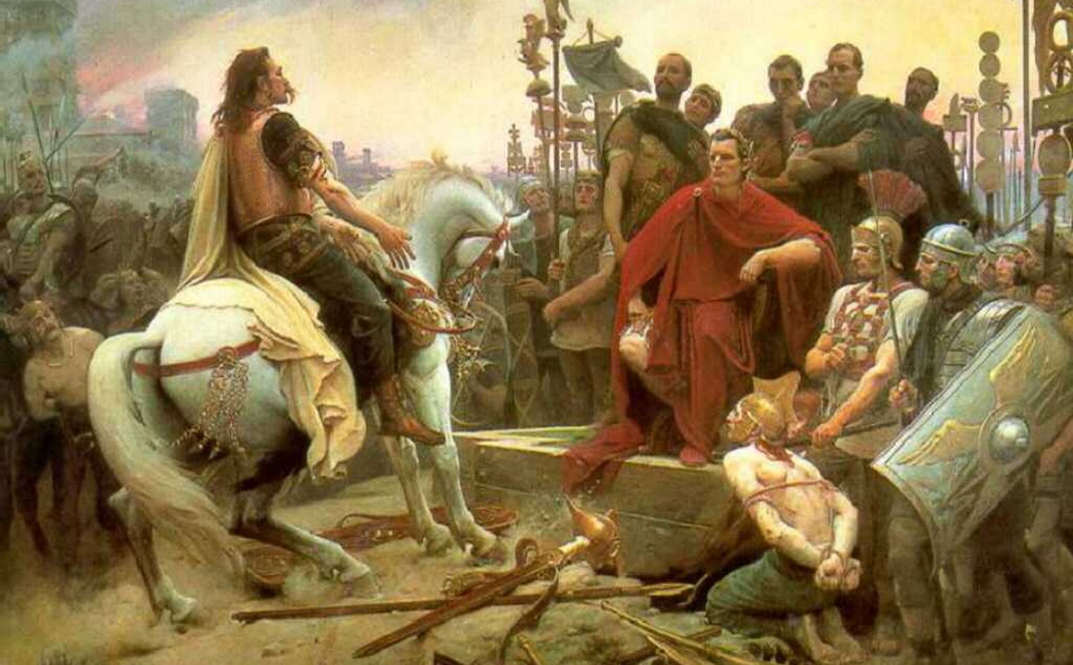 Das Historiengemälde von&nbsp;Lionel Royer (1899) zeigt, wie Vercingetorix, der Führer der aufständischen Gallier, nach verlorener Schlacht sein Schwert vor Caesars Füsse legt.