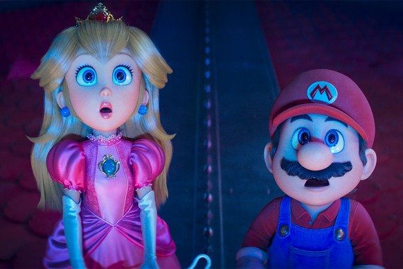 This image released by Universal Pictures shows Princess Peach, voiced by Anya Taylor-Joy, left, and Mario, voiced by Chris Pratt, in a scene from "The Super Mario Galaxy Movie." (Nintendo a ...
