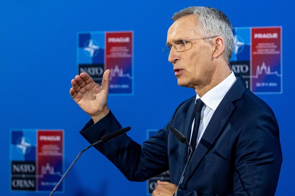 epa11381519 NATO Secretary General Jens Stoltenberg talks to journalist at a press conference following the informal NATO Foreign Ministers Meeting at Czernin Palace, in Prague, Czech Republic, 31 May ...