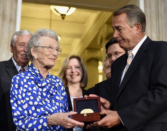 House Speaker John Boehner of Ohio presents Nina Lagergren with a Congressional Gold Medal posthumously on behalf of her half brother, Raoul Wallenberg, in honor of his heroism during the Holocaust, W ...