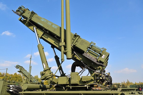 epa10243750 The US MIM-104 Patriot surface-to-air missile system presented at the Field Training Center of the Artillery and Armament Training Center in Torun, Poland, 14 October 2022. EPA/Tytus Zmije ...
