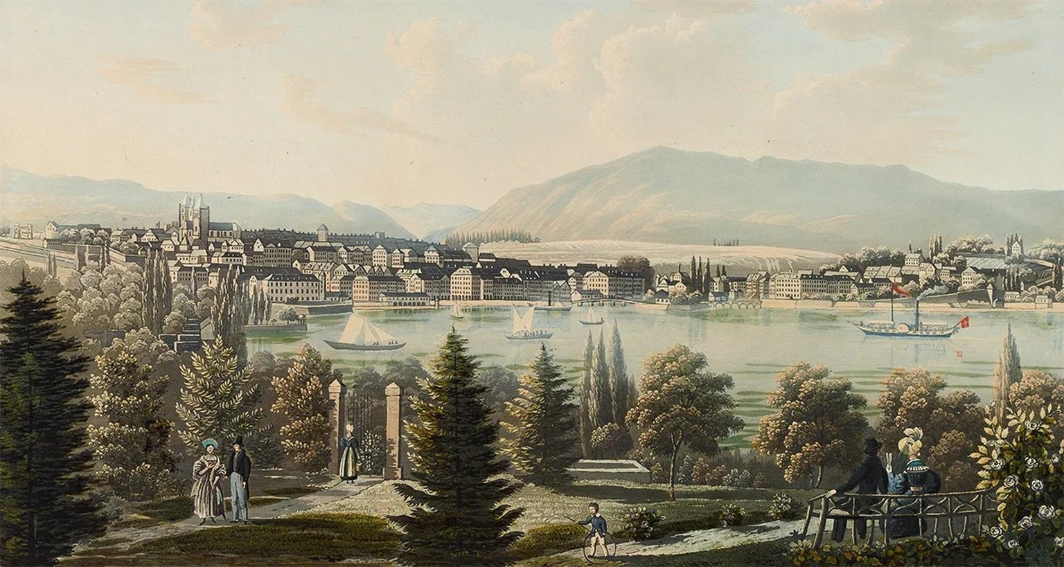 Blick auf Genf. Rechts ist das Dampfschiff «Guillaume Tell» zu erkennen, das ab 1823 regelmässig zwischen Genf und Lausanne-Ouchy verkehrte.
https://commons.wikimedia.org/wiki/File:CH-NB_-_Genf,_von_N ...