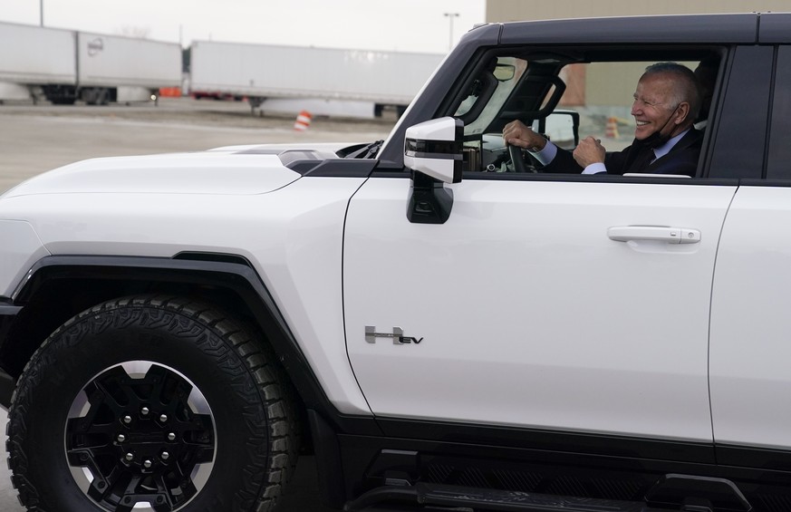 President Joe Biden test drives a Hummer at the General Motors Factory ZERO electric vehicle assembly plant during a tour Wednesday, Nov. 17, 2021, in Detroit. (AP Photo/Evan Vucci)
Joe Biden