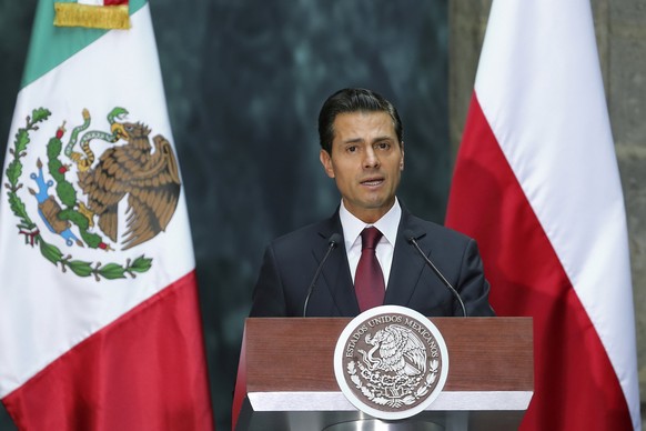 epa05925959 Mexican President Enrique Pena Nieto participates in a press meeting with his Polish counterpart Andrej Duda (out of frame) during an official act at the National Palace in Mexico City, Me ...