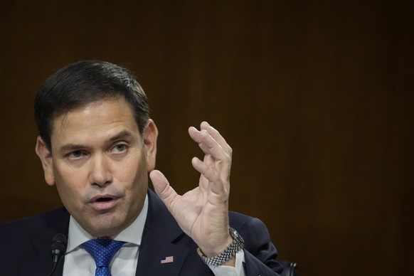 epa09467810 Sen. Marco Rubio (R-FL) questions US Secretary of State Antony Blinken (not pictured) during a Senate Foreign Relations Committee hearing on Capitol Hill in Washington, DC, USA, 14 Septemb ...
