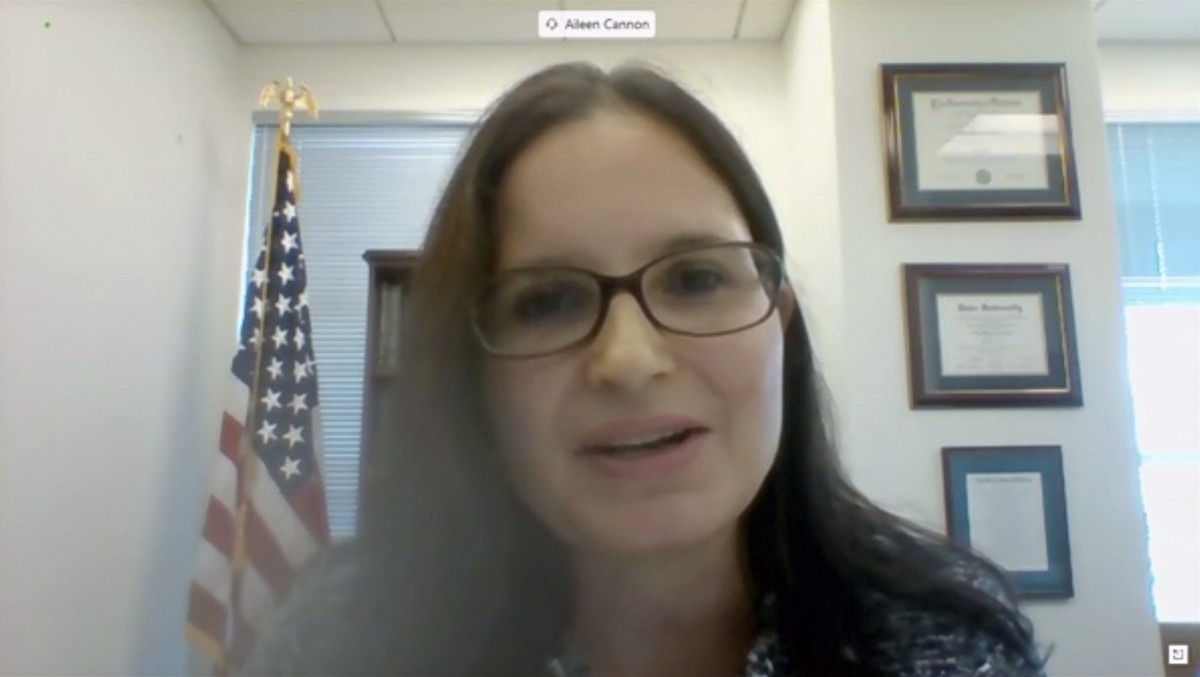 In this image from video provided by the U.S. Senate, Aileen M. Cannon speaks remotely during a Senate Judiciary Committee oversight nomination hearing to be U.S. District Court for the Southern Distr ...