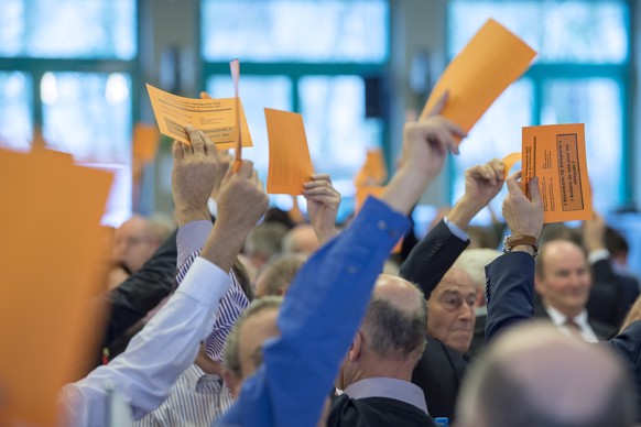 Les delegues de l&#039; UDC votent pour leur mot d&#039;ordre sur l&#039;initiative No-Billag, lors de l&#039;assemblee des delegues du parti de l&#039; Union Democratique du Centre, UDC SVP, ce samed ...