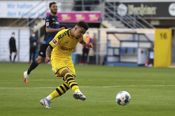 Jadon Sancho of Borussia Dortmund scores his teams sixth goal during the German Bundesliga soccer match between SC Paderborn 07 and Borussia Dortmund at Benteler Arena in Paderborn, Germany, Sunday, M ...