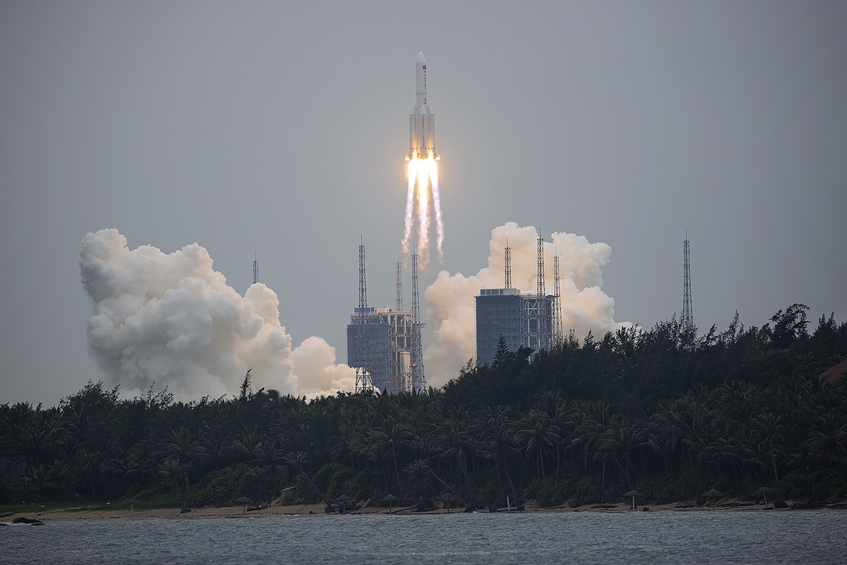 A Long March 5B rocket carrying a module for a Chinese space station lifts off from the Wenchang Spacecraft Launch Site in Wenchang in southern China's Hainan Province, Thursday, April 29, 2021.  ...