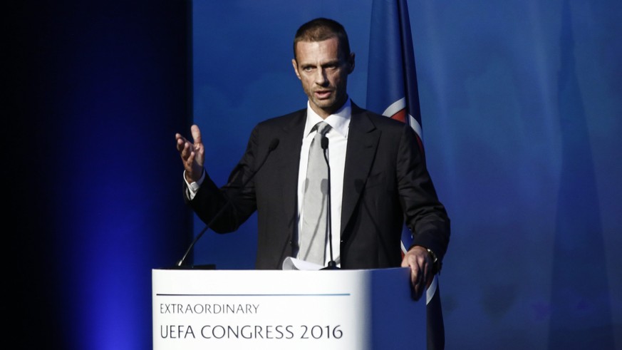 epa05538880 President of the Football Association of Slovenia and candidate for the UEFA presidency Aleksander Ceferin speaks before the elections of the new UEFA President, at 12th Extraordinary UEFA ...