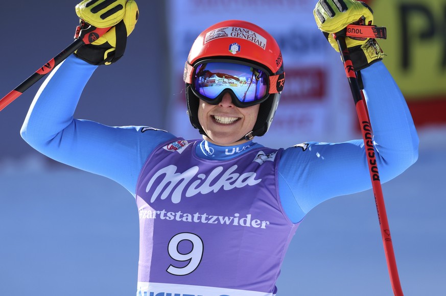 Italy&#039;s Federica Brignone celebrates at finish area after completing an alpine ski, women&#039;s World Cup super-G race in Zauchensee, Austria, Sunday, Jan. 16, 2022. (AP Photo/Marco Trovati)