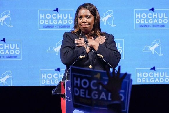 New York Attorney General Letitia James speaks to supporters during the election night party for Gov. Kathy Hochul, Tuesday, Nov. 8, 2022, in New York. (AP Photo/Mary Altaffer)