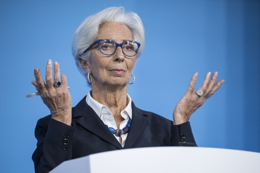 epa09725263 Christine Lagarde, President of the European Central Bank (ECB), during a press conference following a meeting of the ECB Governing Council in Frankfurt, Germany, 03 February 2022. Inflati ...