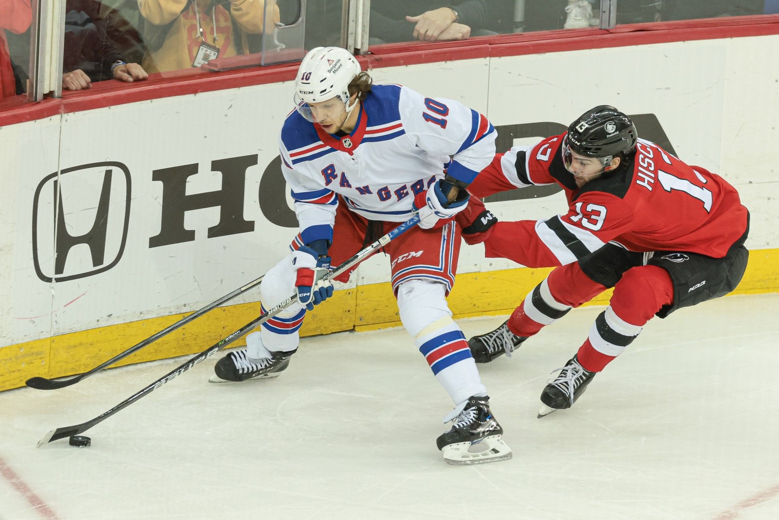 NHL, Eishockey Herren, USA Stanley Cup Playoffs-New York Rangers at New Jersey Devils May 1, 2023 Newark, New Jersey, USA New York Rangers left wing Artemi Panarin 10 plays the puck against New Jersey ...