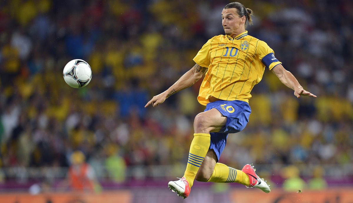 Sweden's Zlatan Ibrahimovic jumps for a volley during the Euro 2012 soccer championship Group D match between Sweden and England in Kiev, Ukraine, Friday, June 15, 2012. (AP Photo/Martin Meissner ...
