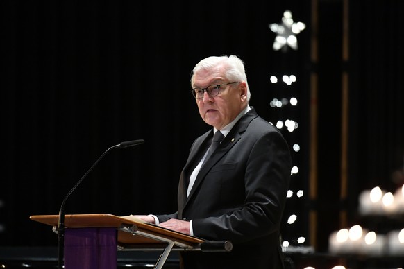 epa09650930 German President Frank-Walter Steinmeier speaks during a church service commemorating the victims of the 2016 terrorist attack on the Christmas market at Breitscheidplatz square, in the Ka ...