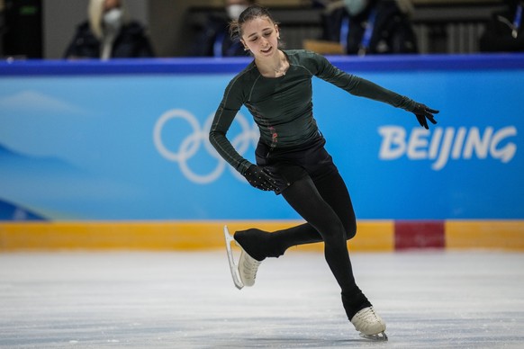 Kamila Valieva, of the Russian Olympic Committee, trains at the 2022 Winter Olympics, Monday, Feb. 14, 2022, in Beijing. (AP Photo/Bernat Armangue)