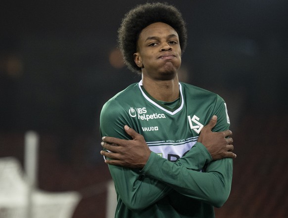 Alvyn Sanches (LS) jubelt nach seinem 0:1 Tor im Fussball Meisterschaftsspiel der Swiss Super League zwischen Grasshopper Club Zuerich, GC, und FC Lausanne-Sport, LS, im Letzigrund, am Dienstag, 4. Fe ...