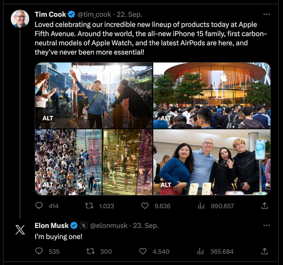 Apple-Chef Tim Cook wirbt bei X für das iPhone 15, Elon Musk antwortet, er werde eins kaufen.