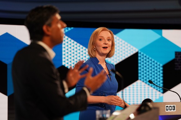 Liz Truss and Rishi Sunak takes part in the BBC Conservative Party leadership debate in Stoke-on-Trent, England, Monday July 25, 2022. Foreign Secretary Liz Truss and former Treasury chief Rishi Sunak ...