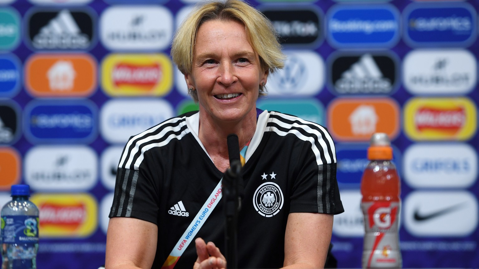 epa10098631 Germany&#039;s head coach Martina Voss-Tecklenburg speaks during a press conference at Wembley Stadium in London, Britain, 30 July 2022. Germany play England in the UEFA Women&#039;s EURO  ...