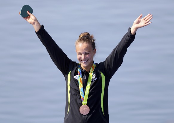 2016 Rio Olympics - Canoe Sprint - Victory Ceremony - Women&#039;s Kayak Single (K1) 500m - Victory Ceremony - Lagoa Stadium - Rio de Janeiro, Brazil - 18/08/2016. Bronze medalist Lisa Carrington (NZL ...