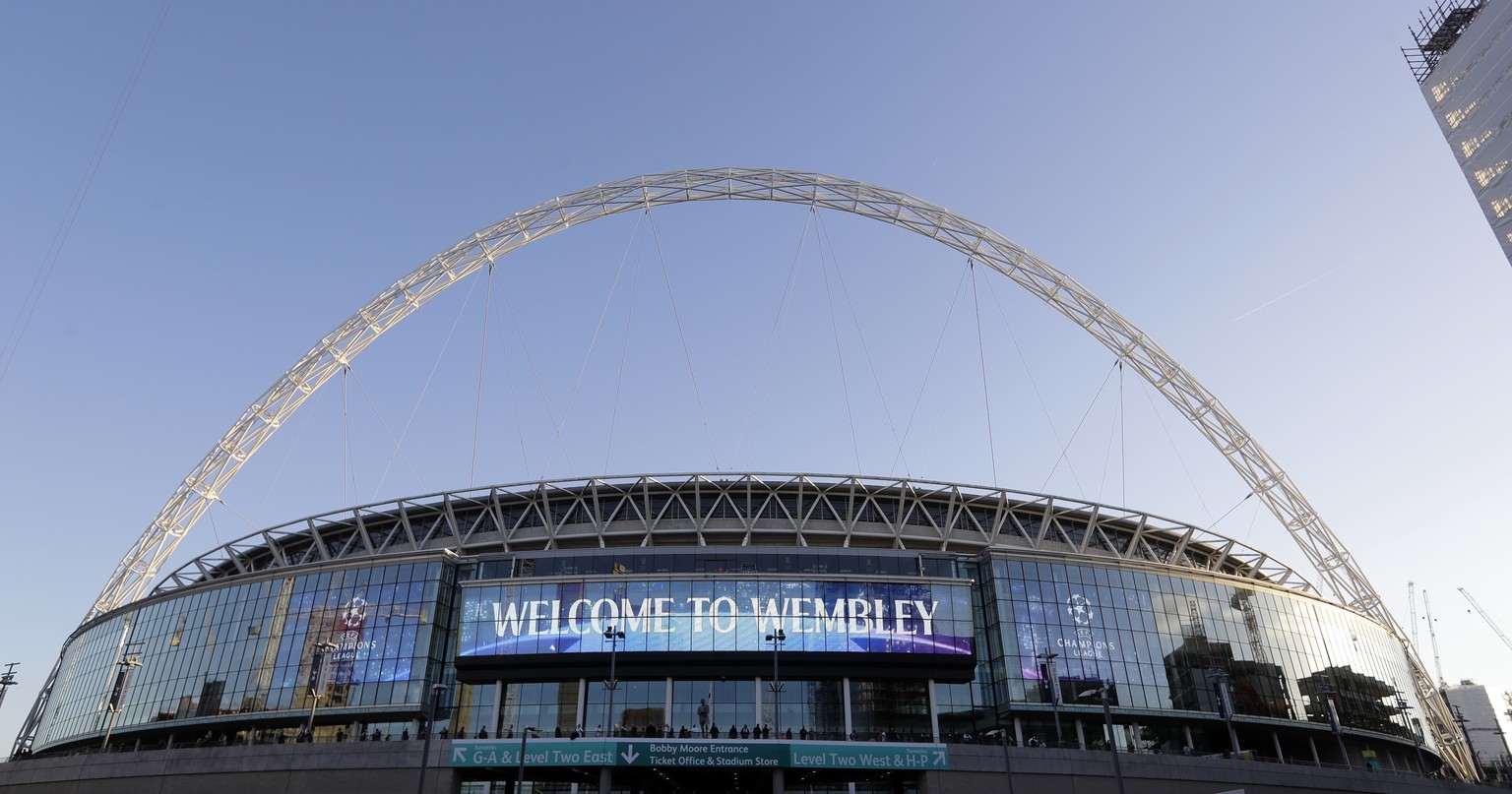 FILE In this Wednesday, Oct. 3, 2018 file photo, a view of the exterior of Wembley Stadium in London. With coronavirus restrictions eased to allow fans back into stadiums, there at least will be some ...