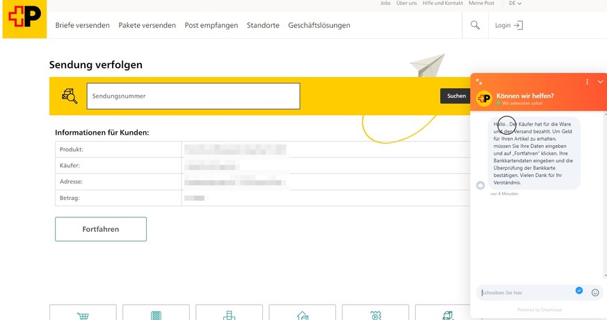 Die komplett falsche Formatierung im Chat verrät den Betrugsversuch endgültig.