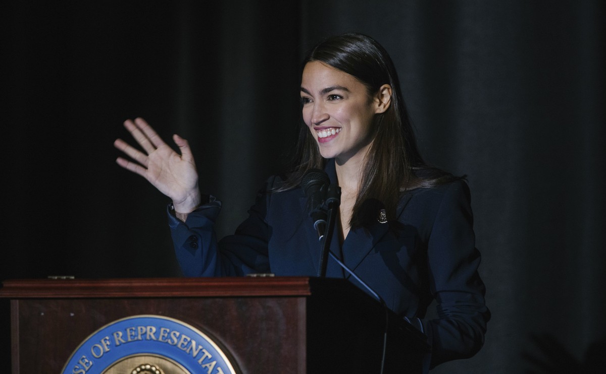 Rep. Alexandria Ocasio-Cortez, D-N.Y., delivers her inaugural address following her swearing-in ceremony at the Renaissance School for Musical Theater and Technology in the Bronx borough of New York o ...