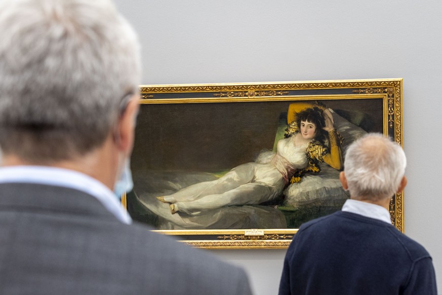Besucher betrachten das Gemaelde &quot;Die bekleidete Maja (La maja vestida), 1800?-1807&quot; von Francisco de Goya in der Ausstellung &quot;Goya&quot; der Fondation Beyeler anlaesslich eines Medienr ...