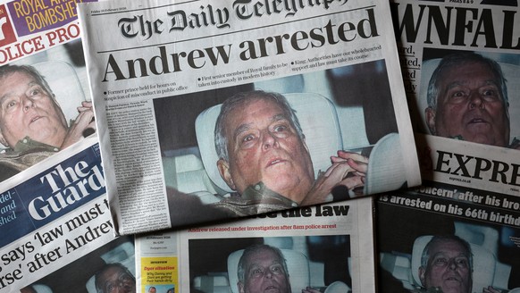 epa12760893 British newspaper front pages following the arrest of Andrew Mountbatten-Windsor in Liverpool, Britain, 20 February 2026. Andrew Mountbatten-Windsor, formerly Prince Andrew, was arrested o ...