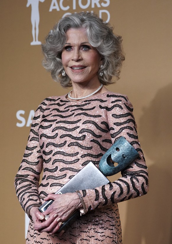 Jane Fonda poses in the press room with the lifetime achievement award during the 31st annual Screen Actors Guild Awards on Sunday, Feb. 23, 2025, at the Shrine Auditorium in Los Angeles. (Photo by Jo ...
