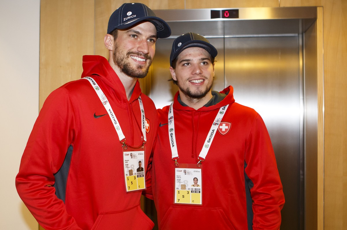 Switzerland's players defender Roman Josi, left, and forward Kevin Fiala, right, pose for the photographers after a briefing with the Swiss media, during the IIHF 2018 World Championship, in Cope ...