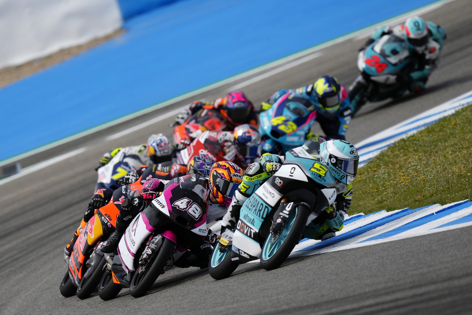 Jaume Masia of Spain leads Ivan Ortola of Spain, and Colombia&#039;s David Alonso during the Moto 3 GP, at the Circuito de Jerez in Jerez de la Frontera, Spain, Sunday, April 30, 2023. (AP Photo/Jose  ...