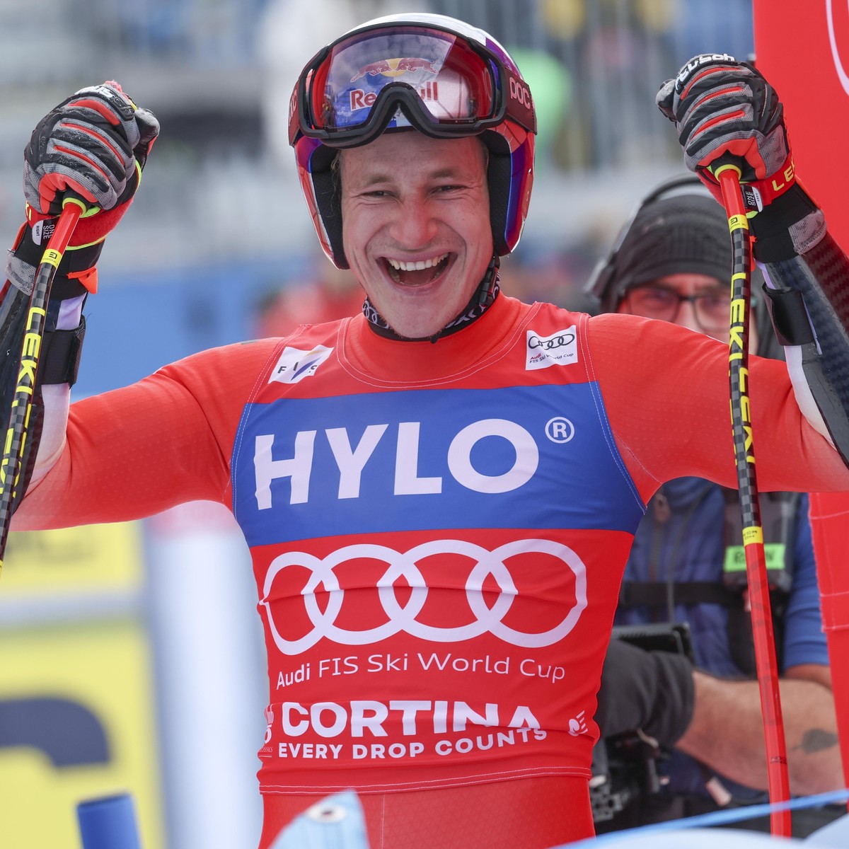 Switzerland's Marco Odermatt arrives at the finish area during an alpine ski, men's World Cup super-G, in Cortina d'Ampezzo, Italy, Saturday, Jan. 28, 2023. (AP Photo/Alessandro Trovati ...
