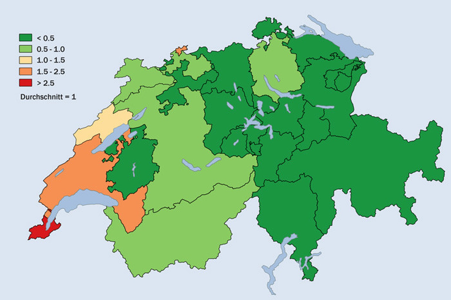 Nur Westschweizer Kantone und Basel-Stadt liegen über dem Durchschnitt.