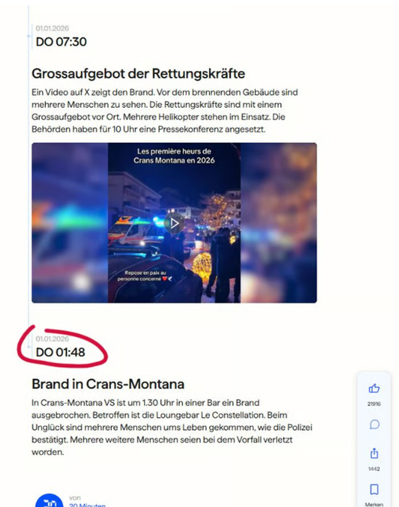 Schon wenige Minuten nach dem Ereignis will «20 Minuten» gemäss – mittlerweile korrigiertem – Ticker berichtet haben.