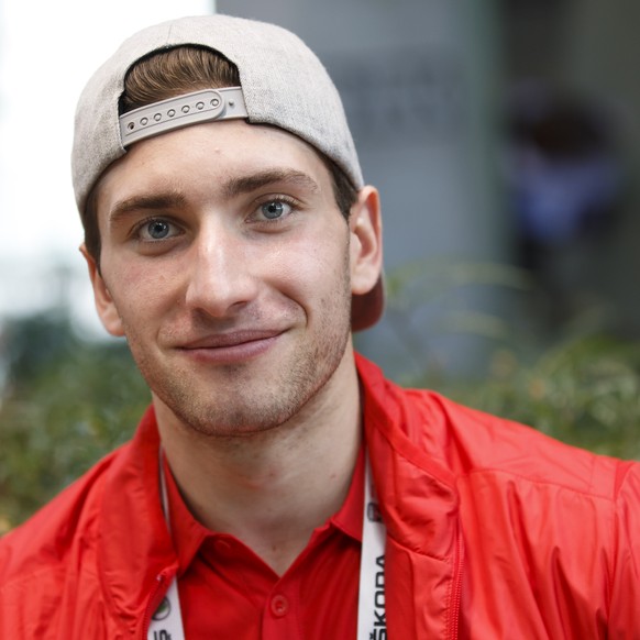 Switzerland&#039;s defender Michael Fora speaks to the journalists, during the media opportunity of the Switzerland National Ice Hockey Team a training session, at the IIHF 2018 World Championship, in ...