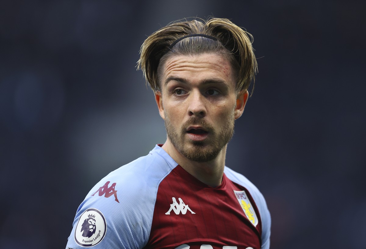 Aston Villa's Jack Grealish looks out during the English Premier League soccer match between Tottenham Hotspur and Aston Villa at the Tottenham Hotspur Stadium in London, Wednesday, May 19, 2021. ...