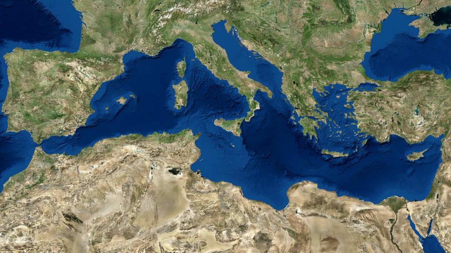 Oben Europa, unten Afrika und dazwischen das Mittelmeer.