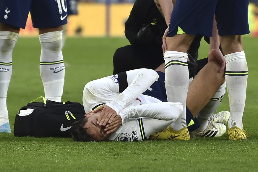 Tottenham&#039;s Rodrigo Bentancur receives medical attention during the English Premier League soccer match between Leicester City and Tottenham Hotspur at King Power stadium in Leicester, England, S ...