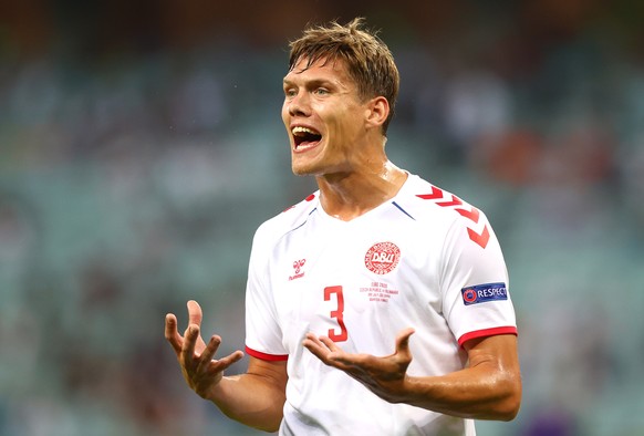 epa09320511 Jannik Vestergaard of Denmark reacts during the UEFA EURO 2020 quarter final match between the Czech Republic and Denmark in Baku, Azerbaijan, 03 July 2021. EPA/Naomi Baker / POOL (RESTRIC ...