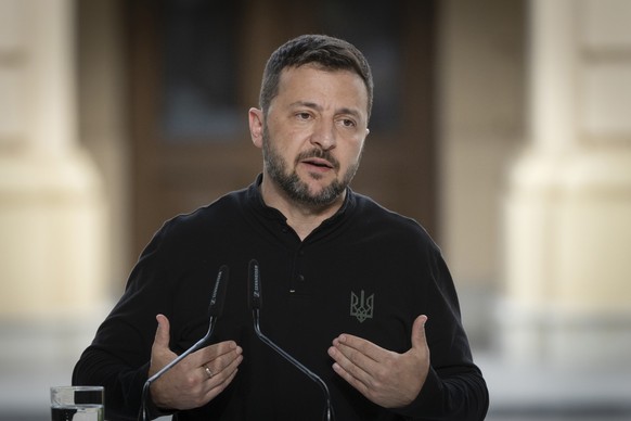 Ukrainian President Volodymyr Zelenskyy answers media during joint press conference with Gitanas Nauseda, President of Lithuania, Prime Minister of Croatia Andrej Plenkovic and Prime Minister of the L ...