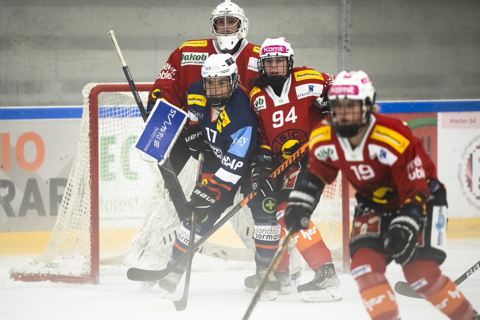 From left , Ambri&#039;s players Theresa Knutsonand Bern&#039;s player Alena Lynn Rossel, at the Swiss Women&#039;s National League Ice Hockey Championship match between, HCAP Girls - SC Bern on Satur ...