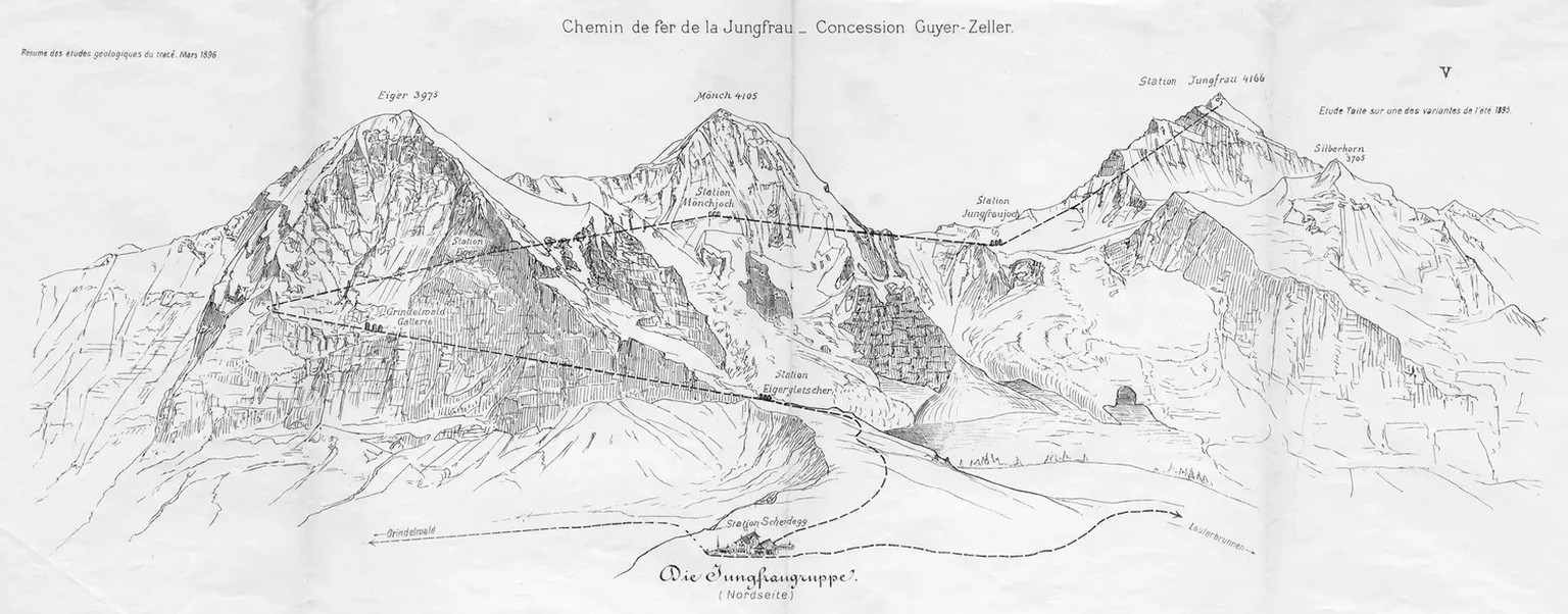 Darstellung des Verlaufs der Jungfraubahn, 1896.
https://www.jungfrau.ch/de-ch/jungfraujoch-top-of-europe/bau-der-jungfraubahn/
