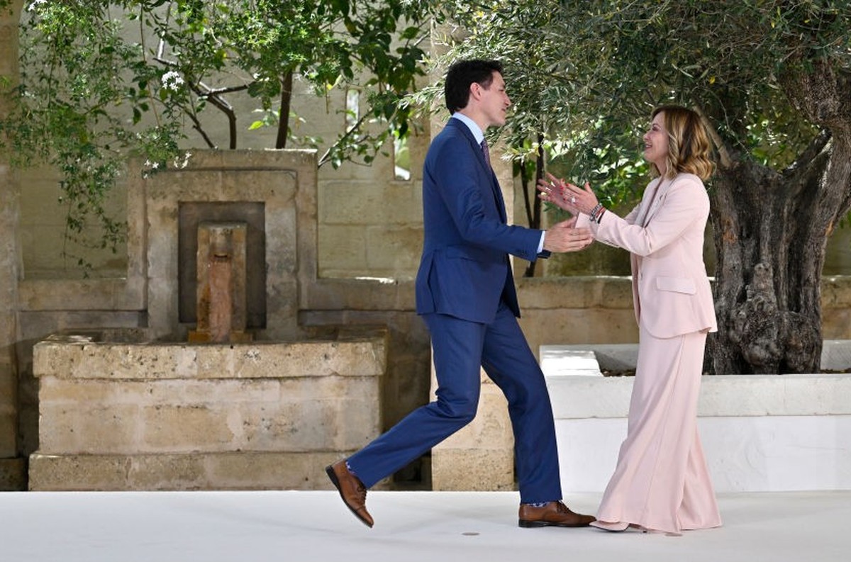 FASANO, ITALY - JUNE 13: Canadian Prime Minister Justin Trudeau is greeted by Italian Prime Minister Giorgia Meloni during a welcome ceremony on day one of the 50th G7 summit at Borgo Egnazia on June  ...